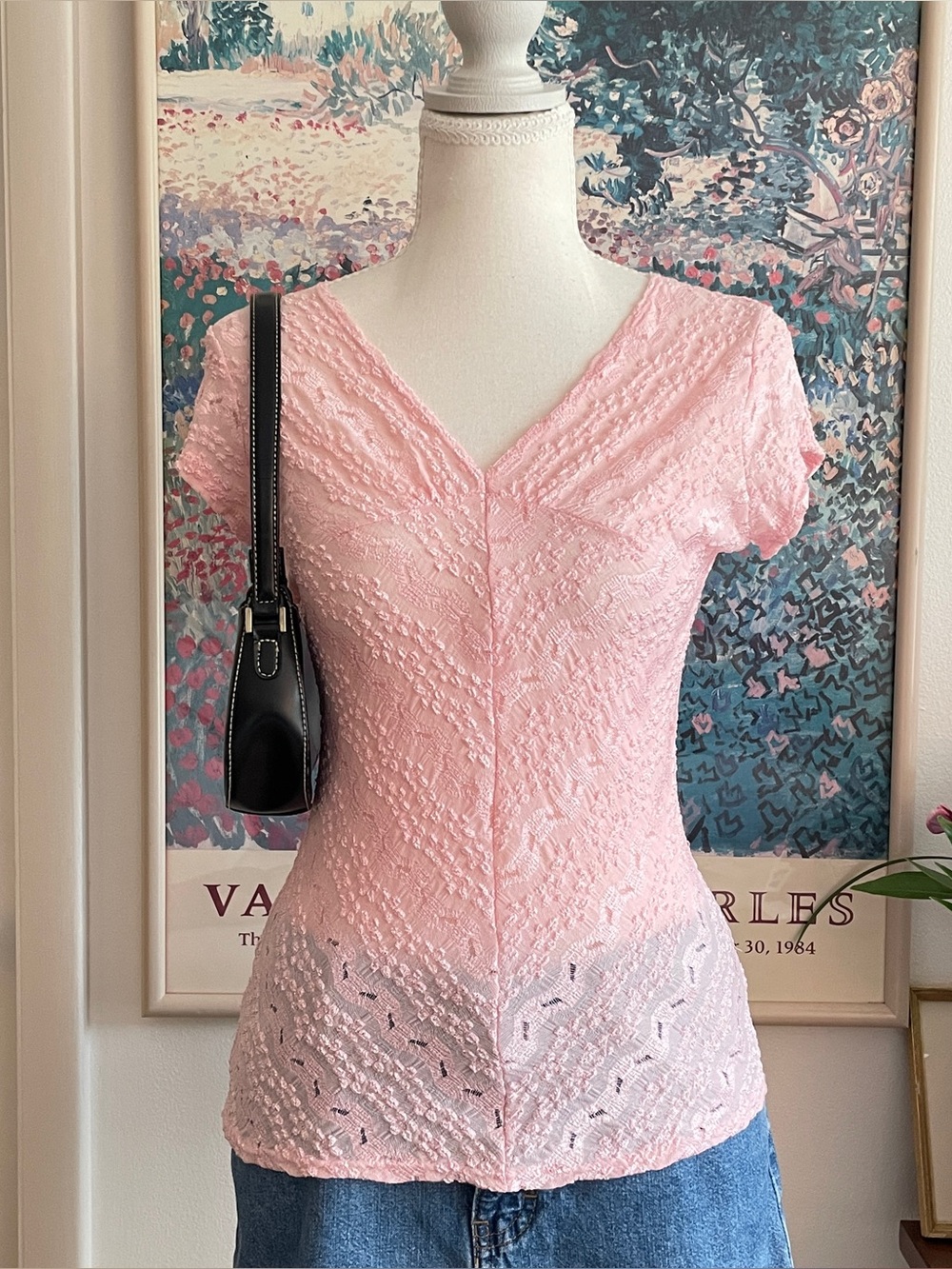 Y2K Coquette Lace Top Womens Small Pink Sheer V-Neck Blouse Fairycore Feminine